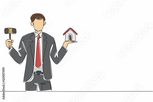 Continuous one line drawing young male auctioneer in suit and tie holding miniature house and wooden hammer. Troubled investment. National Auctioneers Day. Single line draw design vector illustration