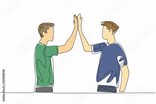 Continuous one line drawing two men in casual clothes doing a high five. Two friends meet again. Warm greetings of friendship. National High Five Day. Single line draw design vector illustration