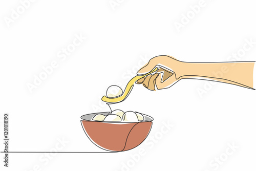 Single continuous line drawing hand scooping a rice ball using a duck spoon. Feed into the mouth. More sterile without touching hands. National Rice Ball Day. One line design vector illustration