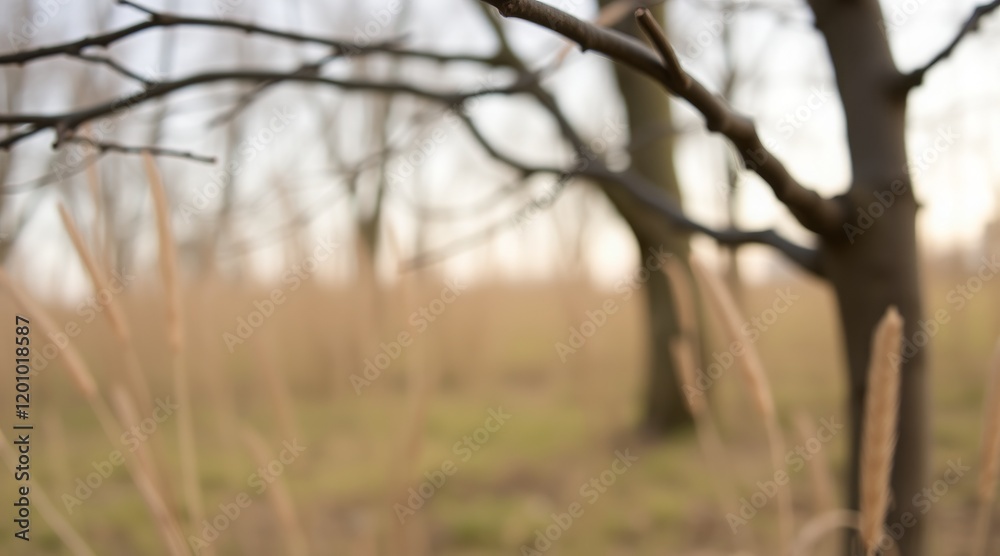 Blurred view of bare tree branches in a serene, natural woodland setting Blurred view of bare tree branches in a serene, natural woodland setting