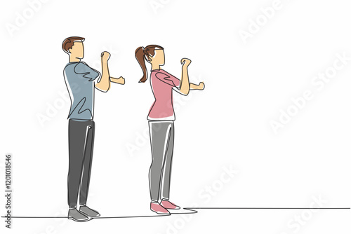 Continuous one line drawing the couple doing warm-up movements. Movements needed to avoid accidents during sports. Healthy together. National Exercise Day. Single line draw design vector illustration