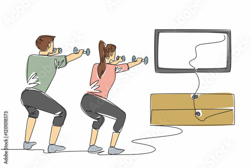 Single continuous line drawing young couple doing exercise at home using dumbbells. Online classes. Keep exercising even at home. Work out. National Exercise Day. One line design vector illustration