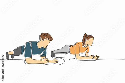 Continuous one line drawing young couple do plank workout exercise body weight lifting. Strong. Exercise. Fitness. Healthy life. National Exercise Day. Single line draw design vector illustration