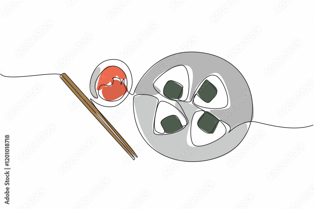 Continuous one line drawing 4 pcs onigiri on a wooden plate with a small bowl of sauce and chopsticks. Sauce adds to the enjoyment. National Rice Ball Day. Single line draw design vector illustration