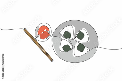 Continuous one line drawing 4 pcs onigiri on a wooden plate with a small bowl of sauce and chopsticks. Sauce adds to the enjoyment. National Rice Ball Day. Single line draw design vector illustration