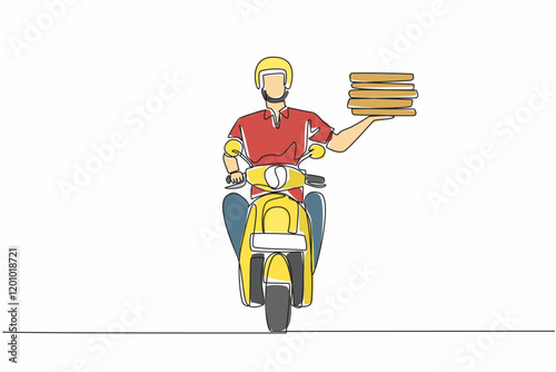 Single continuous line drawing pizza delivery man riding a motorbike. Delivering some delicious pizza stacks to consumers. Pizza Delivery Driver Appreciation Day. One line design vector illustration