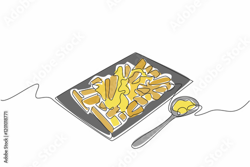 Continuous one line drawing french fries on a square wooden plate. Served with an aesthetic wooden spoon. Full of enjoyment. National Cheddar Fries Day. Single line draw design vector illustration