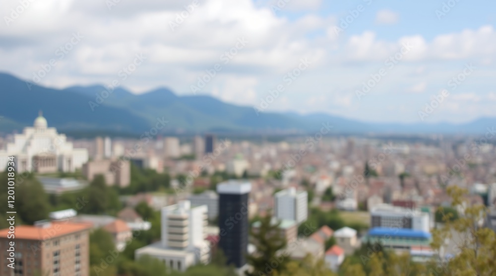 Blurry cityscape with distant mountains under a blue sky and scattered clouds Blurry cityscape with distant mountains under a blue sky and scattered clouds