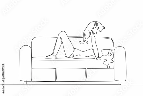 Continuous one line drawing a woman lying on the sofa while holding a cat. Cat friendship with humans. Very adorable behavior. Cute. National Cat Lady Day. Single line draw design vector illustration