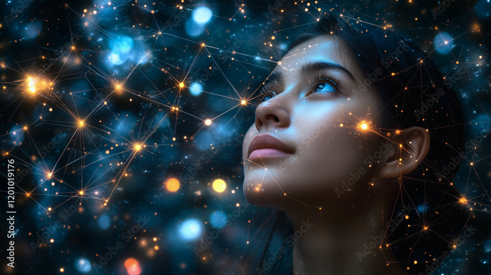 Cosmic Connection: A woman with a pensive gaze, bathed in the soft glow of a galaxy of twinkling lights. Cosmic Connection: A woman with a pensive gaze, bathed in the soft glow of a galaxy of twinkling lights.