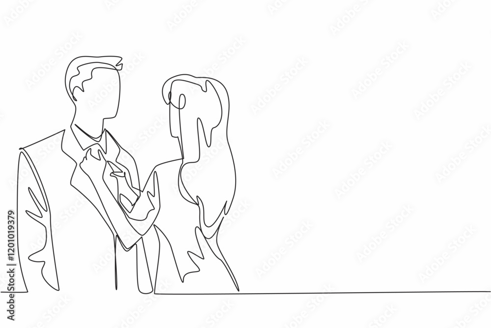 Single continuous line drawing wife adjusts her tie position of husband. Get ready for a super romantic dinner at a classic restaurant. Husband Appreciation Day. One line design vector illustration