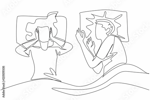 Single continuous line drawing the wife covered both her ears with both her hands. Cannot sleep. Very loud noise disturbance. Tired. Sleepy. Stop Snoring Week. One line design vector illustration
