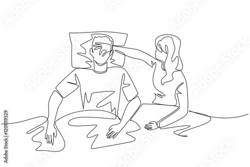 Continuous one line drawing wife covers nose of husband with hand. Wake up rudely. Disruption from husband every night. Loud snoring. Stop Snoring Week. Single line draw design vector illustration