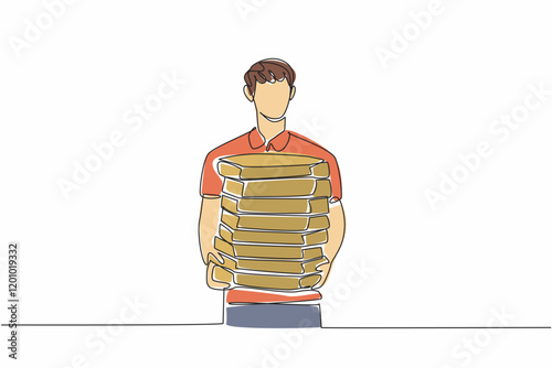 Single one line drawing pizza delivery man carrying a pile of pizza boxes. The pizza party is about to start. Tasty. Pizza Delivery Driver Appreciation Day. Continuous line design graphic illustration