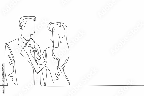Single continuous line drawing wife adjusts her tie position of husband. Get ready for a super romantic dinner at a classic restaurant. Husband Appreciation Day. One line design vector illustration