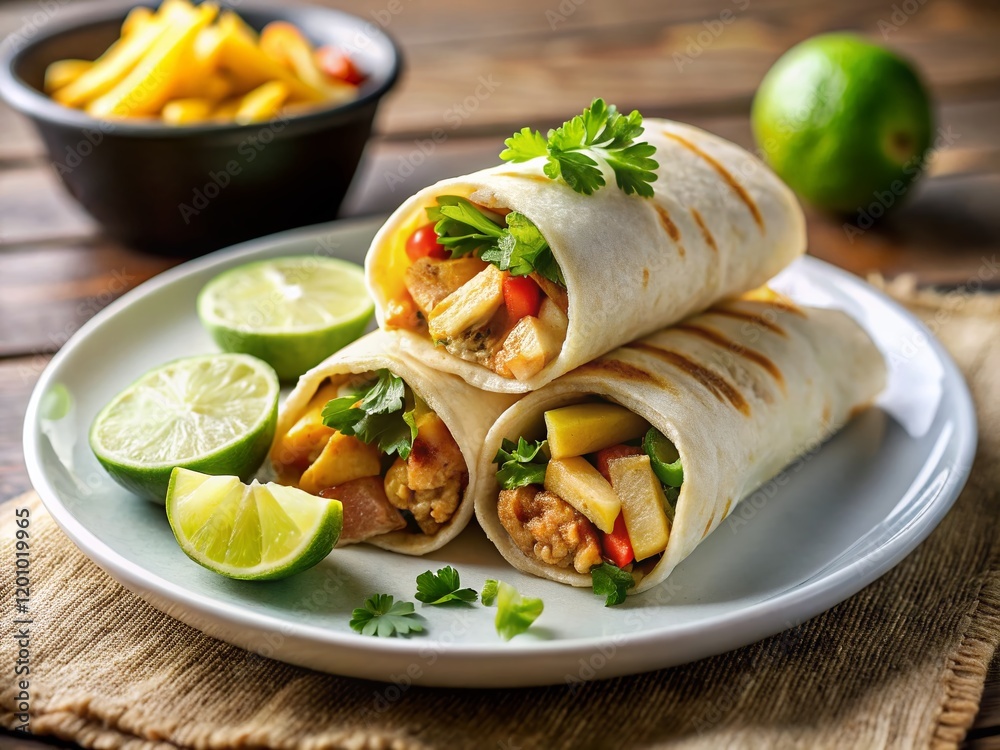 Delicious Chicken Burrito with Fries and Lime Wedge on White Plate Delicious Chicken Burrito with Fries and Lime Wedge on White Plate