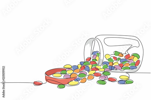 Single continuous line drawing colorful jelly beans placed in a glass jar that fell. Snack that children fight over. Addictive sweet taste. National Jelly Bean Day. One line design vector illustration