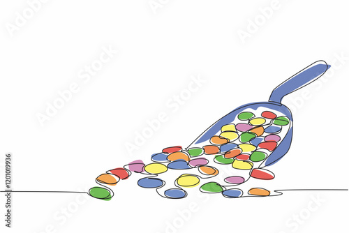 Continuous one line drawing colorful jelly beans are placed in a scoop. Buy in bulk. Stock of sweet snacks for one month. Zesty. National Jelly Bean Day. Single line draw design vector illustration