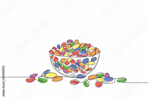 Single one line drawing colorful jelly beans placed in a glass bowl. A large bowl could not hold the many enthusiasts. Delicious. National Jelly Bean Day. Continuous line design graphic illustration