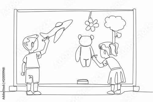 Continuous one line drawing a boy and a girl draw objects on a small blackboard. Developing creativity of children. Golden age. National Kindergarten Day. Single line draw design vector illustration