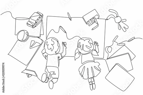 Single continuous line drawing boy and girl are lying face down and both are drawing on large paper. Activities to enhance imagination. National Kindergarten Day. One line design vector illustration