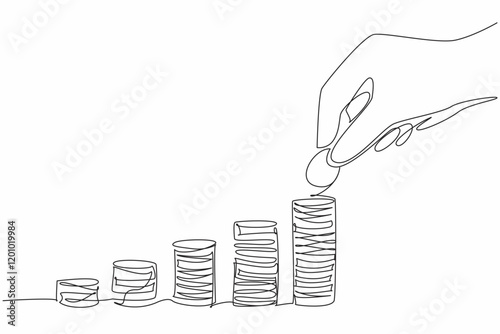 Single continuous line drawing 5 different stacks of coins. Shaped like bar graph. The ability to save for future financial freedom. Serenity. Comfort. Coin Week. One line design vector illustration