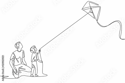 Single one line drawing a young father sits squatting accompanying his son who is playing a kite. A quality time between father and son. Go Fly a Kite Day. Continuous line design graphic illustration