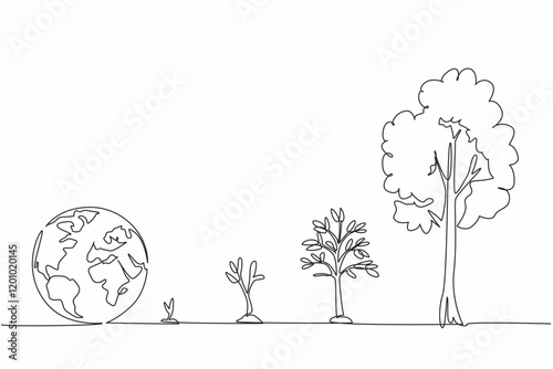 Wallpaper Mural Continuous one line drawing several stages from shoots to becoming large trees. Green the earth for the beloved earth. Protect the environment. Earth Day. Single line draw design vector illustration Torontodigital.ca