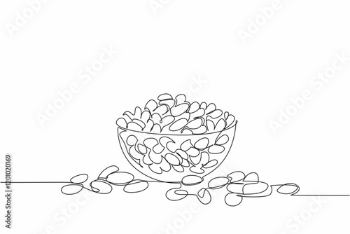 Single one line drawing colorful jelly beans placed in a glass bowl. A large bowl could not hold the many enthusiasts. Delicious. National Jelly Bean Day. Continuous line design graphic illustration