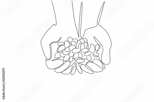 Single continuous line drawing hand holding a pile of colorful jelly beans. Preparing to watch while snacking on sweet snacks. Delicious. National Jelly Bean Day. One line design vector illustration