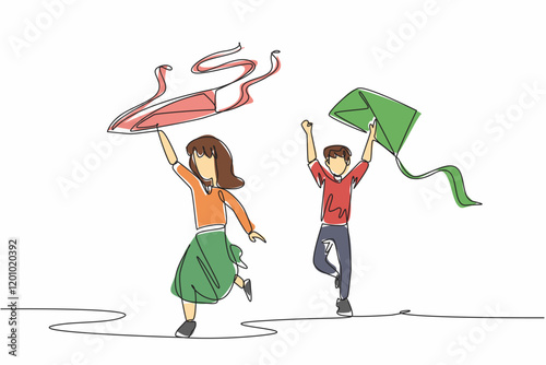 Single continuous line drawing a boy and a girl run while holding a kite. Flying a kite by running. Flying in classic style. Outdoor games. Go Fly a Kite Day. One line design vector illustration