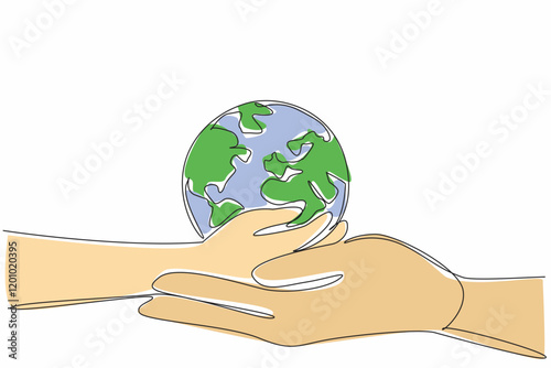 Single continuous line drawing two human hands put the globe on the palm. Symbolism of giving the mandate to protect the earth to children. Environment. Earth Day. One line design vector illustration