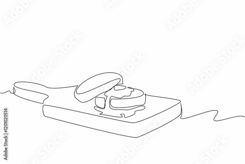 Continuous one line drawing 2 English muffins stacked on a wooden cutting board. Fresh from the oven. Tasting homemade. Tasty. National English Muffin Day. Single line draw design vector illustration