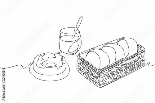 Single continuous line drawing 3 pcs English muffins in a woven box. Enjoy a sweet and quite filling snack. Aesthetic presentation. National English Muffin Day. One line design vector illustration