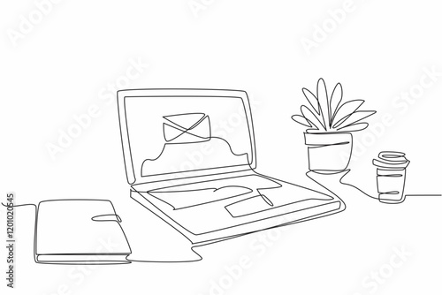 Single continuous line drawing laptop on the desk showing a picture of a large envelope. Important email notifications enabled. Technology. National Email Day. One line design vector illustration