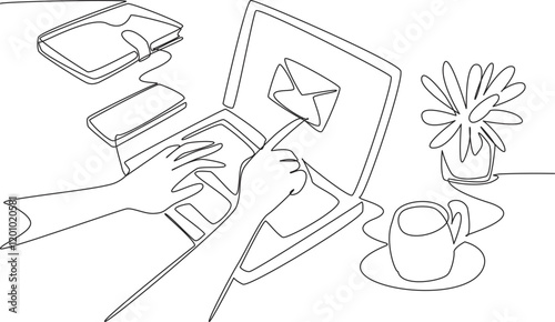 Single continuous line drawing hands typing on laptop. Laptop with touch screen. Open emails just by touching the screen. Technology advances. National Email Day. One line design vector illustration