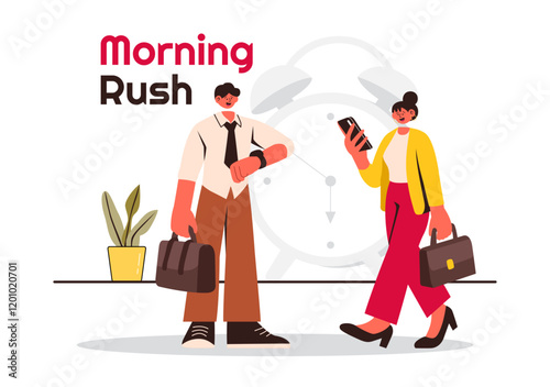 Morning Rush Vector Illustration featuring People Rushing to Businesses, Morning City Life, Time Management, and the Urgency of Time Running Out