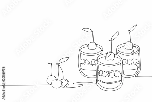 Single one line drawing 3 cups of cherry cheesecake. Ease of serving. Delicious cake in small version. Delicious. Savory. National Cherry Cheesecake Day. Continuous line design graphic illustration