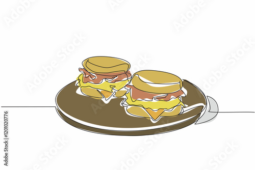 Single continuous line drawing 2 pcs English muffins on a round wooden cutting board. Will be served to a more appropriate place. National English Muffin Day. One line design vector illustration