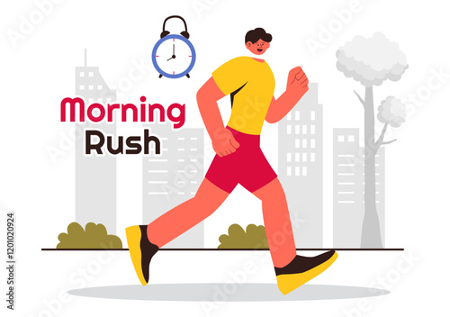 Morning Rush Vector Illustration featuring People Rushing to Businesses, Morning City Life, Time Management, and the Urgency of Time Running Out