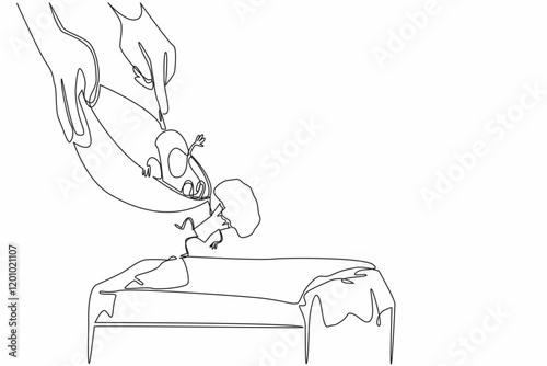 Single continuous line drawing hands throwing fried eggs and broccoli from the bowl into trash. Food who do not like to throw away. Bad habits. Stop Food Waste Day. One line design vector illustration