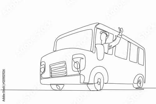 Continuous one line drawing the bus driver sticks out part of his body while making a thumbs up gesture. Dedication. School Bus Driver Appreciation Day. Single line draw design vector illustration