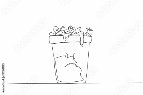 Single continuous line drawing trash can is filled with lots of leftover food. Trash can sad character because of wasteful behavior. Redundant. Stop Food Waste Day. One line design vector illustration