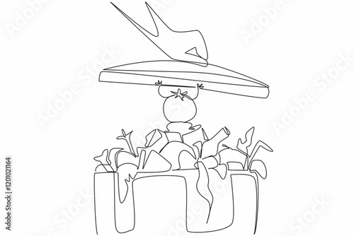 Continuous one line drawing hand closes trash can. Rejected tomato character so as not to be closed. Must not be wasteful. Redundant. Stop Food Waste Day. Single line draw design vector illustration