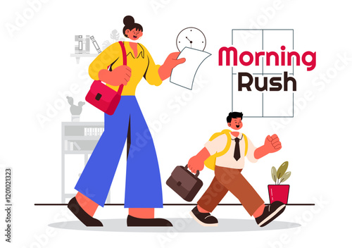 Morning Rush Vector Illustration featuring People Rushing to Businesses, Morning City Life, Time Management, and the Urgency of Time Running Out