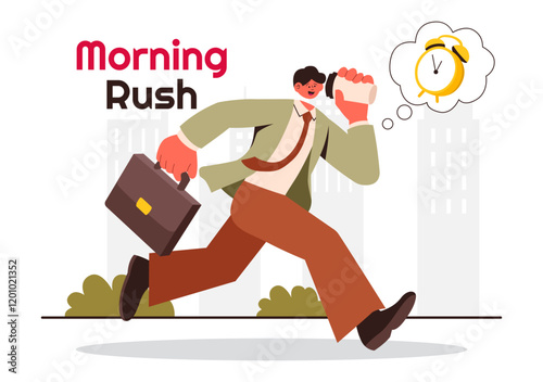 Morning Rush Vector Illustration featuring People Rushing to Businesses, Morning City Life, Time Management, and the Urgency of Time Running Out