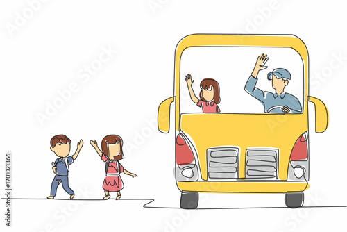 Single continuous line drawing 2 male and female students walking out of the school bus. Take the home safely. Responsible. School Bus Driver Appreciation Day. One line design vector illustration