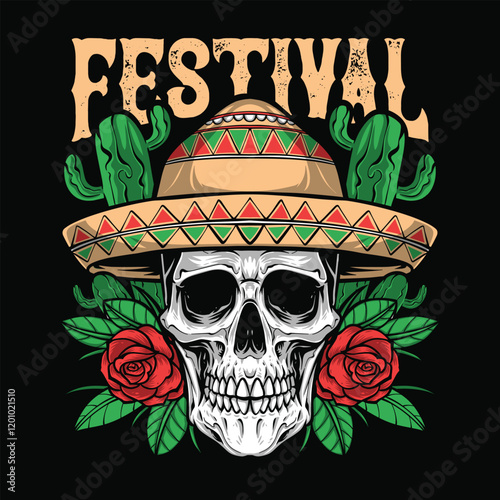 skull with red roses wearing sombrero hat
