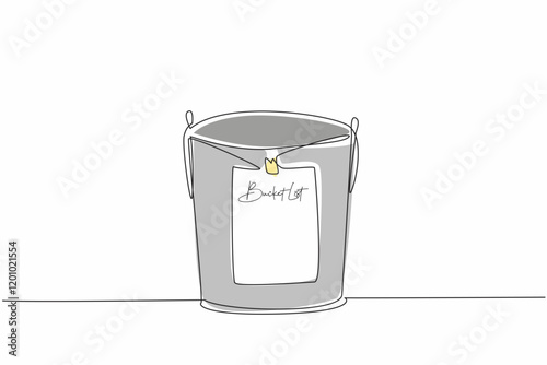Single continuous line drawing bucket with paper attached to the outside with the words Bucket List written on it. Bucket full of dreams. National Bucket List Day. One line design vector illustration