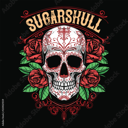 Sugar skull with red roses for tshirt design